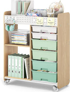 Rolling Storage Cart with Top Pegboard and 6 Drawers, Mobile Utility Cart on Wheels with Locking Brakes, Craft Organizer Lateral File Cabinet for Home, Office and Craft Room – Wood Frame(Green)