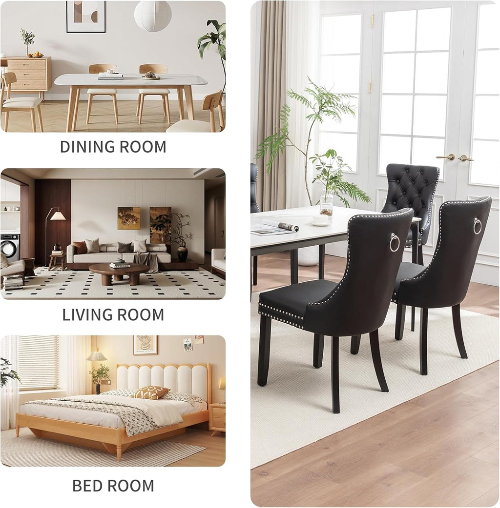 Leather Dining Chairs Set of 4, Upholstered Dining Room Chairs with Nailhead Trim, Sillas de Comedor Modernas 4, Wooden Kitchen Chairs for Dining Room, Living Room, Kitchen, Bedroom, Black