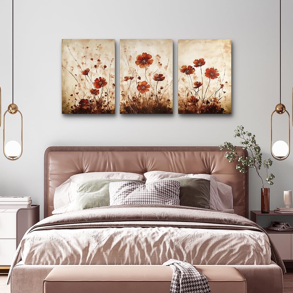 TTHYUEWS Boho Wall Decor for Bedroom Canvas Wall Art for Living Room Office Decorations Flowers Wall Pictures Watercolour Paintings Artwork Modern Aesthetic Bathroom Home Decor 3 Piece Ready To Hang
