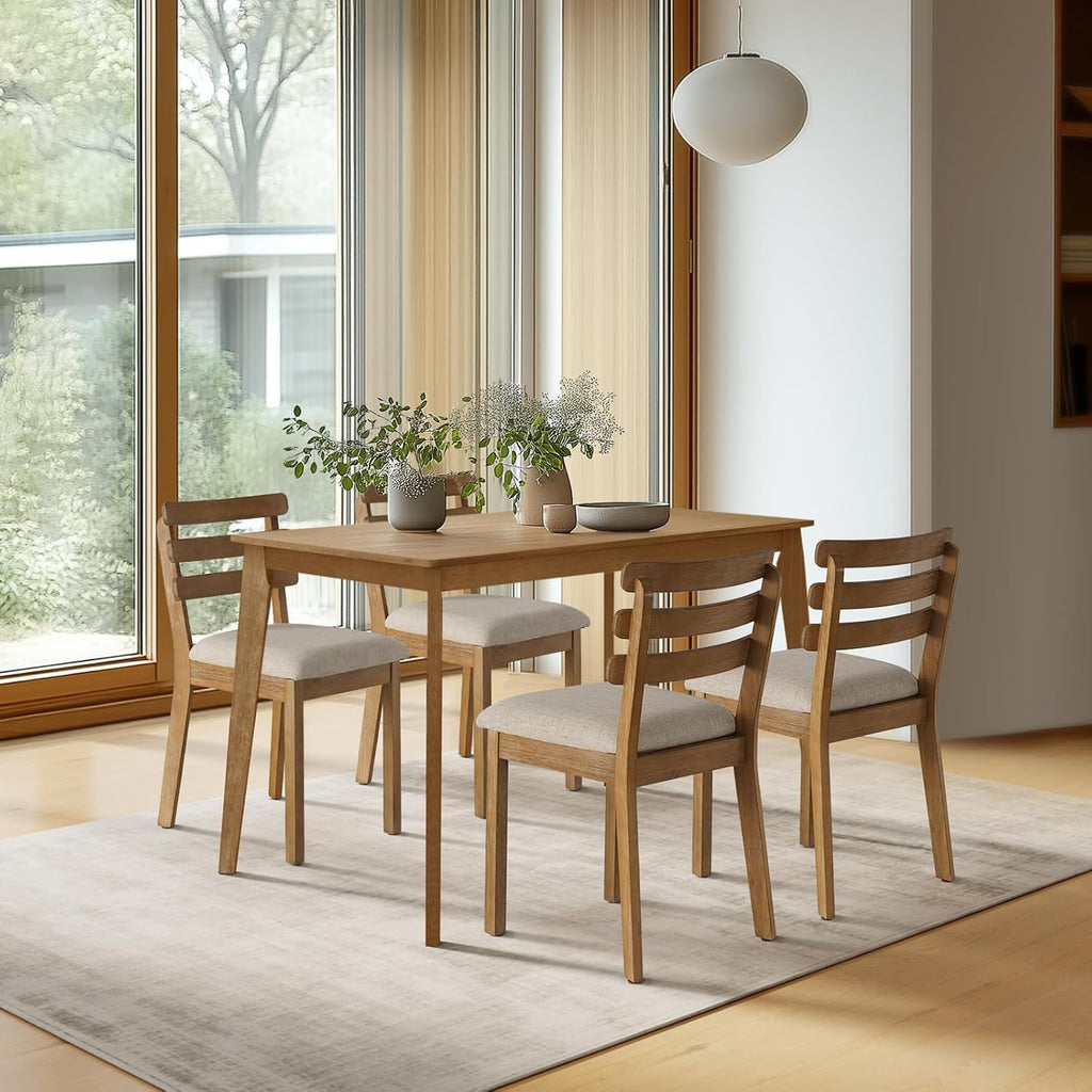 SIMTONAL Farmhouse Dining Table Set for 4, Wooden Dining Roon Table and Solid Wood Chairs, 5-Piece Modern Dining Set Home, Kitchen, Dining Room, 4 Upholstered Chairs, Rubberwood Legs