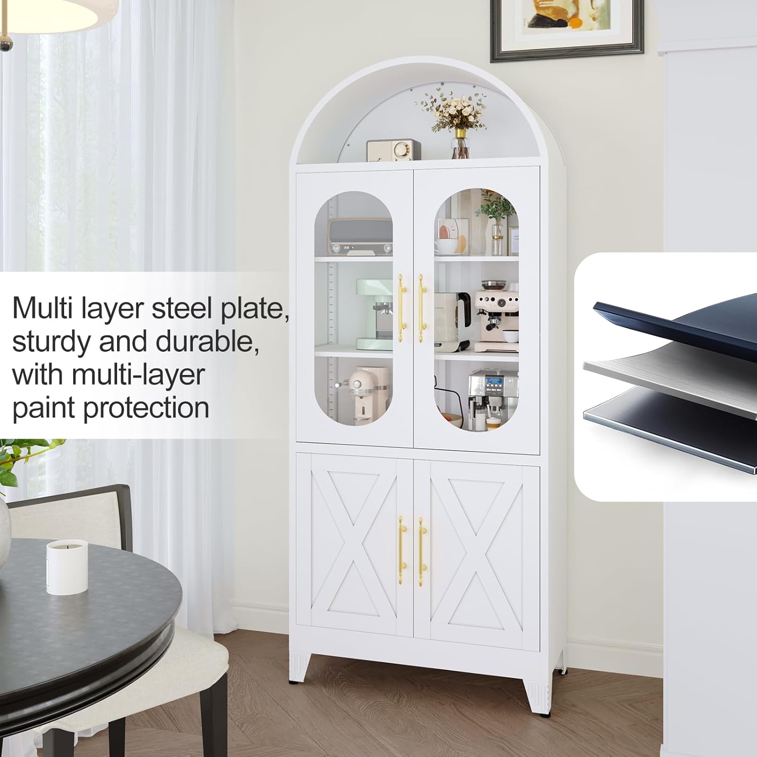 erosoei 73" H Metal Tall Arched Kitchen Pantry Cabinet, Modern Farmhouse China Storage Cabinets with Glass Door and Adjustable Shelves, Versatile Cupboard for Kitchen, Dining Room, Bathroom (White)