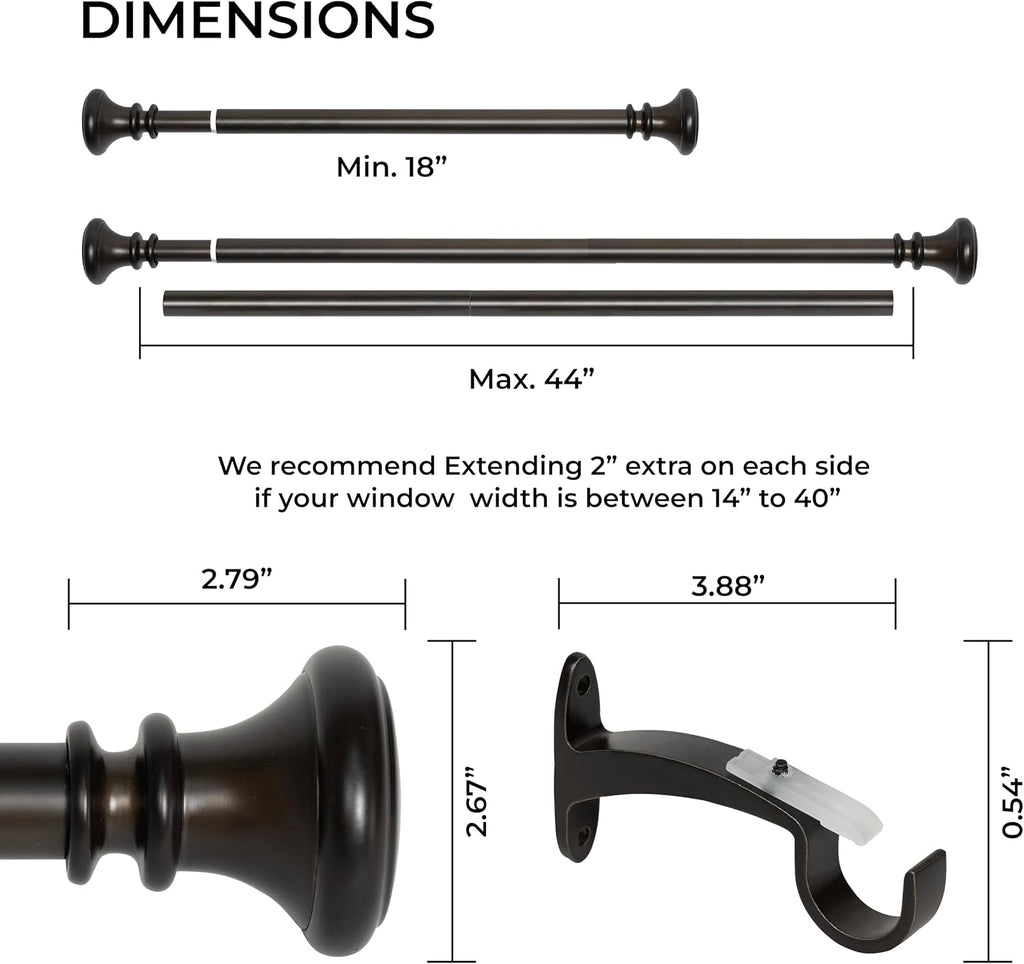Deco Window Curtain Rods for Windows 18 – 44 Inch, 1 Inch Heavy Duty Extendable Metal Drapery Rod, Adjustable Curtain Rod with Decorative Vaso Finials for Living Room Bedroom, Imperial Bronze