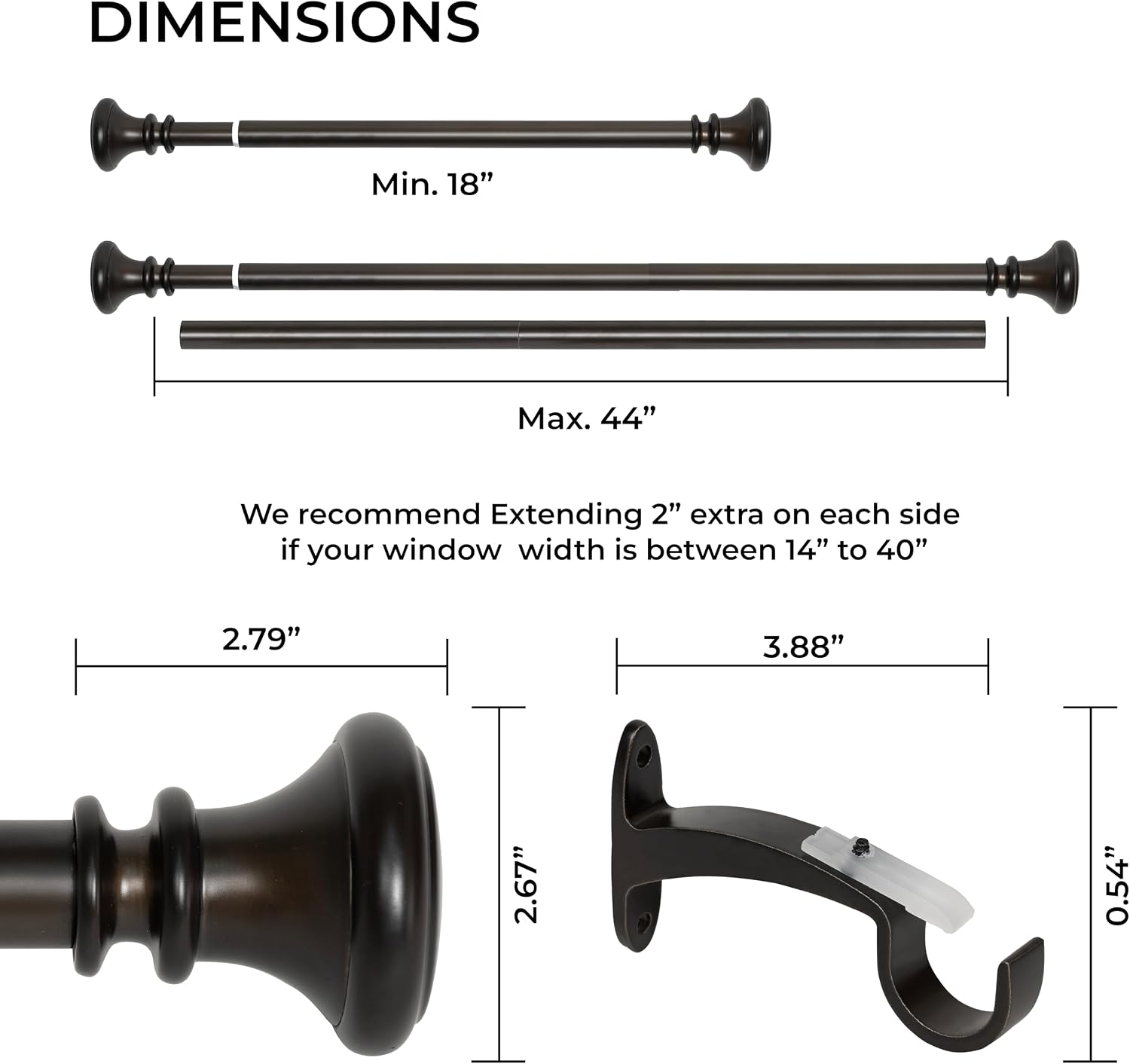 Deco Window Curtain Rods for Windows 18 – 44 Inch, 1 Inch Heavy Duty Extendable Metal Drapery Rod, Adjustable Curtain Rod with Decorative Vaso Finials for Living Room Bedroom, Imperial Bronze
