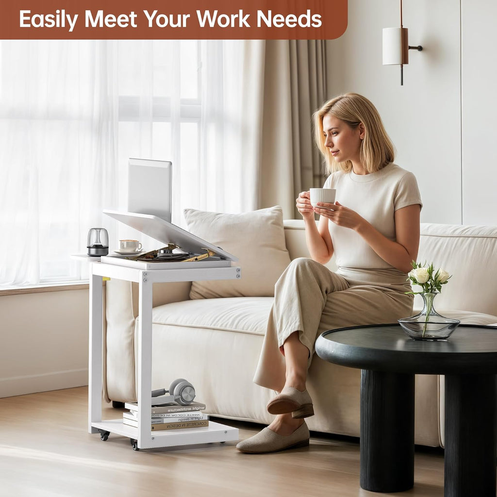 OtterOasis C Shaped End Table, Rolling Side Table with 4-Way Convertible Desktop, Wooden C Table with Multi-Functional Folding Tray & Small Chair, Side Table for Couch, Living Room, Bedroom, White