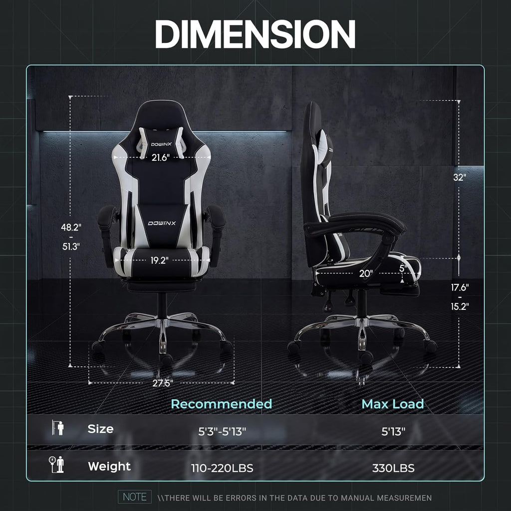 Dowinx Gaming Chair Ergonomic, Massage Lumbar Support, Footrest, Adjustable Height & Headrest Pillow, Heavy Duty 330lbs Office Chair, Comfortable for Back Pain Relief Long Gaming Streaming Black White
