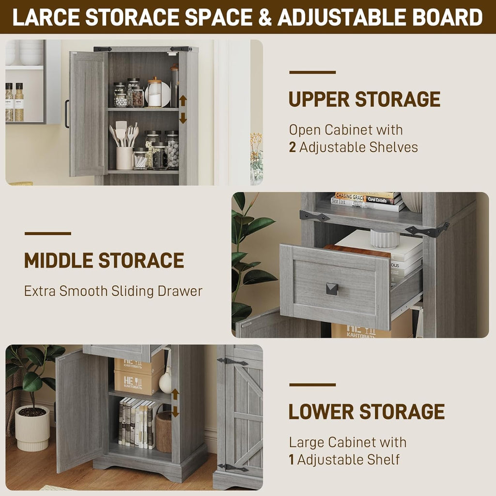 Vabches 66" Tall Farmhouse Bathroom Storage Cabinet with Barn Doors and Drawer, Narrow Storage Unit, Adjustable Shelves & 5-Tier Space, Freestanding Cabinet for Bathroom, Entryway, Kitchen, Wash Grey
