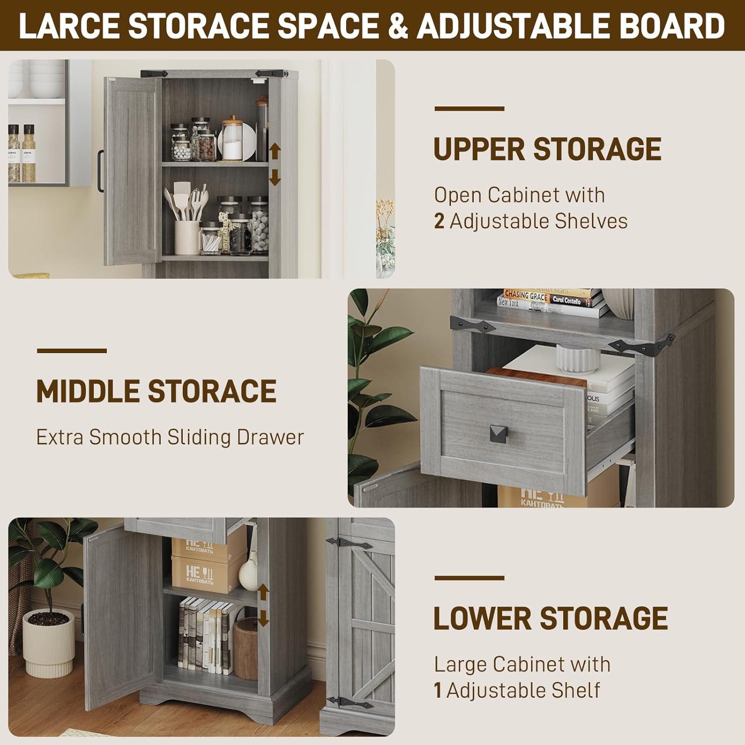 Vabches 66" Tall Farmhouse Bathroom Storage Cabinet with Barn Doors and Drawer, Narrow Storage Unit, Adjustable Shelves & 5-Tier Space, Freestanding Cabinet for Bathroom, Entryway, Kitchen, Wash Grey