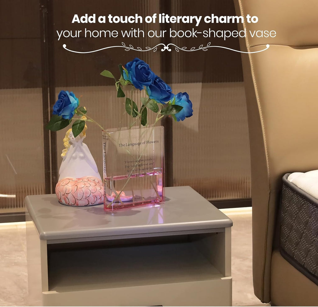 Alpharan Pink Book Vase, Acrylic Clear Book-Shaped Flower Vase | Simplicity Bookshelf Decor,Unique Stuff for Book Lovers,Home Decor,Book Club Gifts,Decorative Accent,Modern Style