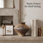 Small Stone Vase for Rustic Home Decor, Farmhouse Antique Pottery Vase Furniture&Table Flower Decorative, Round Terracotta Vases for Living Room Decor, Modern Rustic Concrete Clay Art Vases