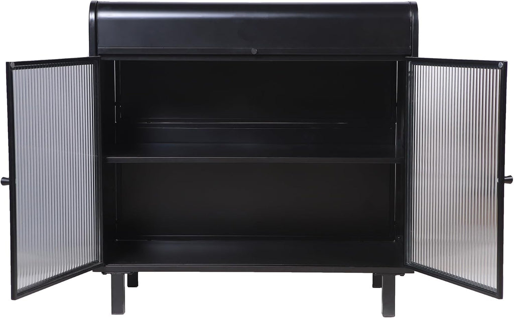 KEIKI 31" Kitchen Pantry, Modern Sideboard Buffet Cabinet with Figured Glass Doors & Flip Top & Open Shelves, Spacious Industrial Metal Organizer for Living Room & Kitchen