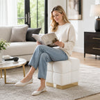 Boucle Storage Ottoman Stool, Modern Vanity Stool with Biscuit Tufting and Gold Stainless Steel Base, Square Ottoman Foot Stool for Living Room, Bedroom, Entryway, White