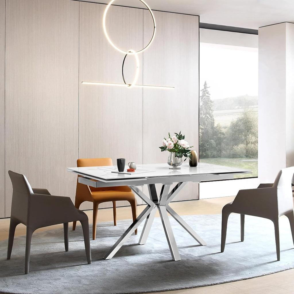 55" to 83" Extendable Dining Table with Blade Extension Plate, Modern Rectangular Table Seats 4-8, Ceramic Laminate Glass Top with Chrome Legs for Kitchen Dining Room