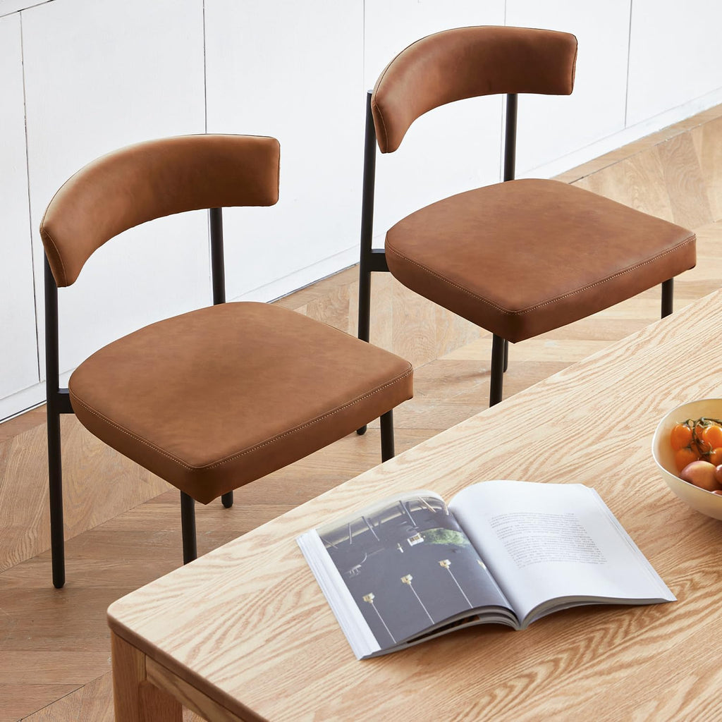 GrandNoor Brown Faux Leather Dining Chairs Set of 4, Armless Upholstered Kitchen Chair,Modern Dining Room Chair with Curved Backrest