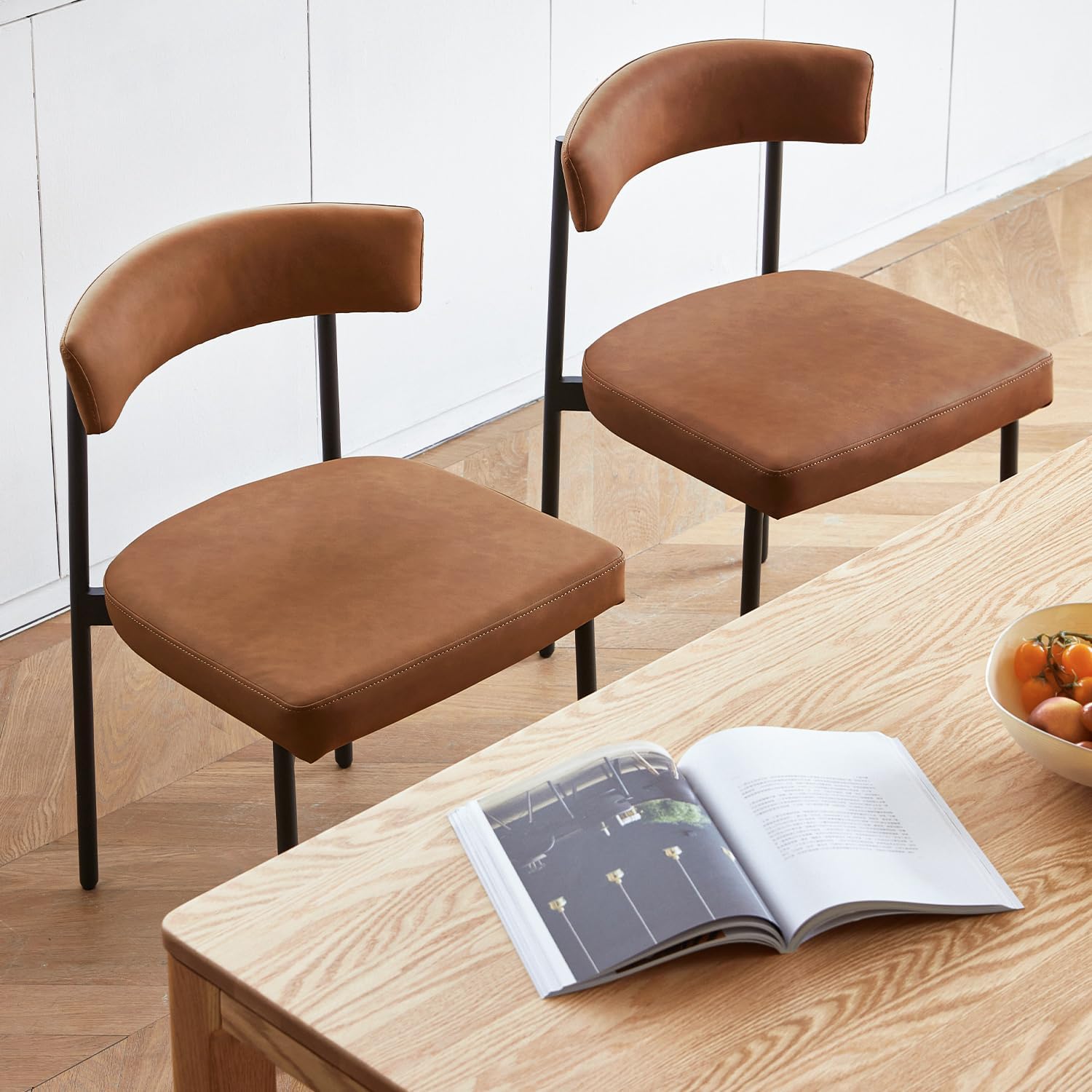 GrandNoor Brown Faux Leather Dining Chairs Set of 4, Armless Upholstered Kitchen Chair,Modern Dining Room Chair with Curved Backrest