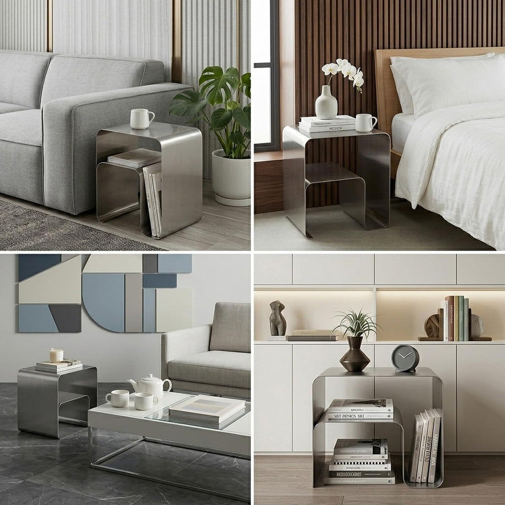 Minimalist Stainless Steel End Table, Modern Metal Frame Side Table and Sofa Table, Silver Accent Coffee Table, Elegant Small Nightstand with Magazine Rack Storage for Living Room Bedroom Office