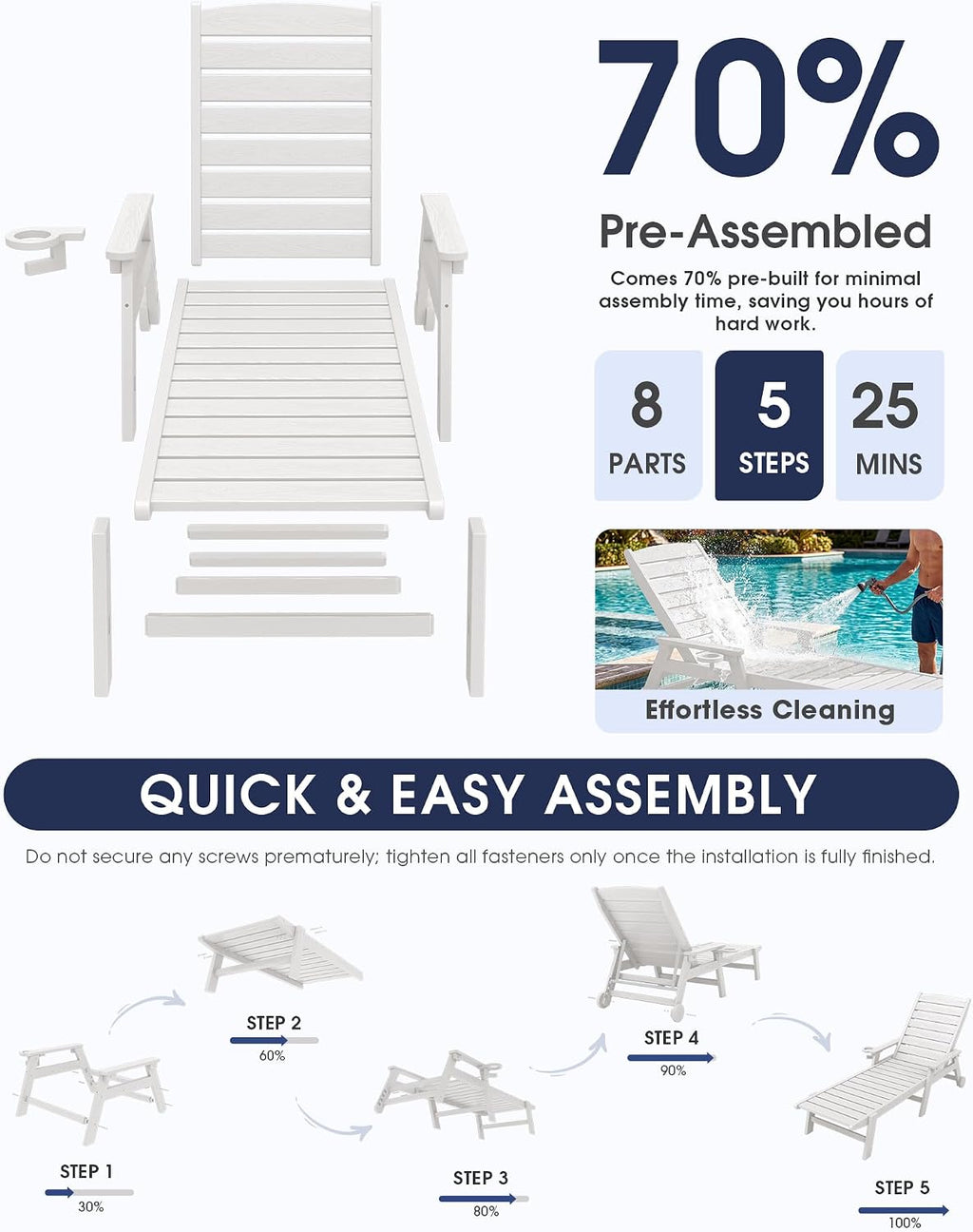 KINGYES HDPE Lounge Chair Outdoor Set of 2, Patio Chaise Lounge Recliner with Cup Holder All Weather Pool Lounger for Outside, White