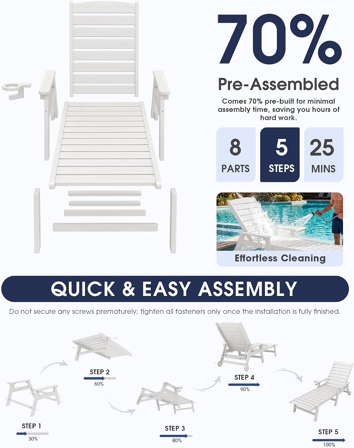 KINGYES HDPE Lounge Chair Outdoor Set of 2, Patio Chaise Lounge Recliner with Cup Holder All Weather Pool Lounger for Outside, White