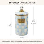 MACKENZIE-CHILDS Enamel Canister, Kitchen Storage Container with Lid, Large, 64-Ounce Capacity, Light-Blue-and-White Sky Check