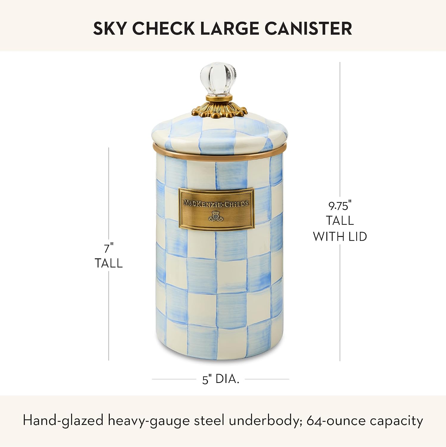 MACKENZIE-CHILDS Enamel Canister, Kitchen Storage Container with Lid, Large, 64-Ounce Capacity, Light-Blue-and-White Sky Check