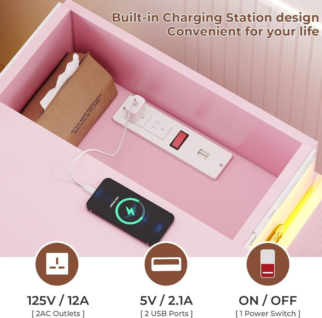 BTHFST LED Pink Nightstands Set of 2 with Charging Station | Nightstand with Sliding Top,Bedside Table with Power Outlets & Drawers,Modern Side Table