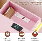 BTHFST LED Pink Nightstands Set of 2 with Charging Station | Nightstand with Sliding Top,Bedside Table with Power Outlets & Drawers,Modern Side Table