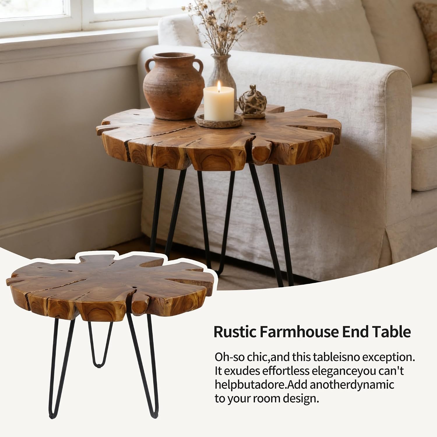 DUHOME Natural Live Edge Side Table - One-of-a-Kind Solid Wood Slab with Unique Shape, Grain & Cracks, Black Hairpin Legs, Rustic Boho Side Table for Living Room, Bedroom, Sofa