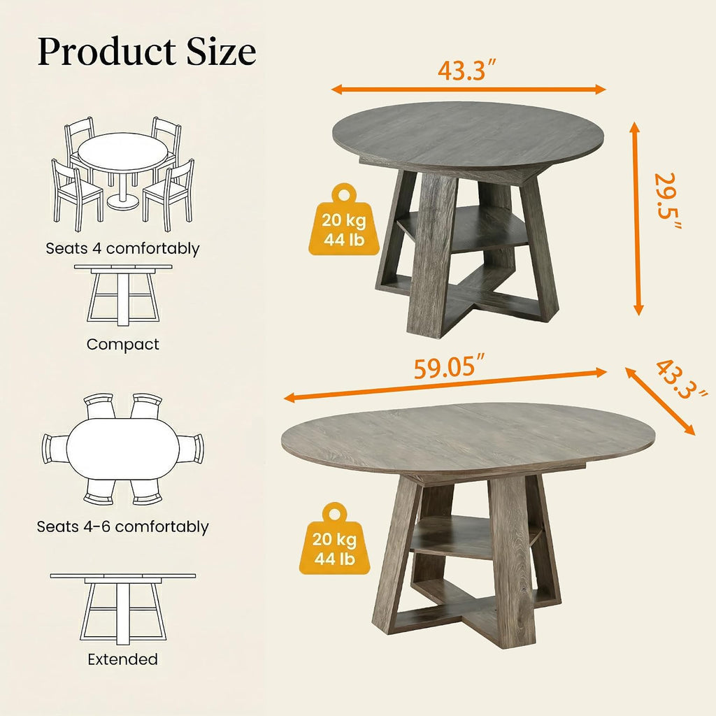 PVWIIK 43.3in-59in Extendable Round Dining Table for 4-8,Modern Kitchen Oval Dining Table with Removable Leaves Space Saving,Wood Base with Storage Shelf for Kitchen Living Room,Antique Natural