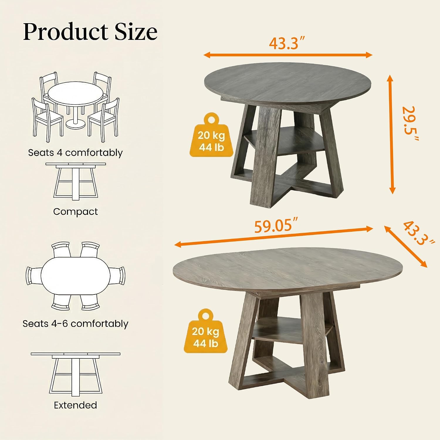 PVWIIK 43.3in-59in Extendable Round Dining Table for 4-8,Modern Kitchen Oval Dining Table with Removable Leaves Space Saving,Wood Base with Storage Shelf for Kitchen Living Room,Antique Natural