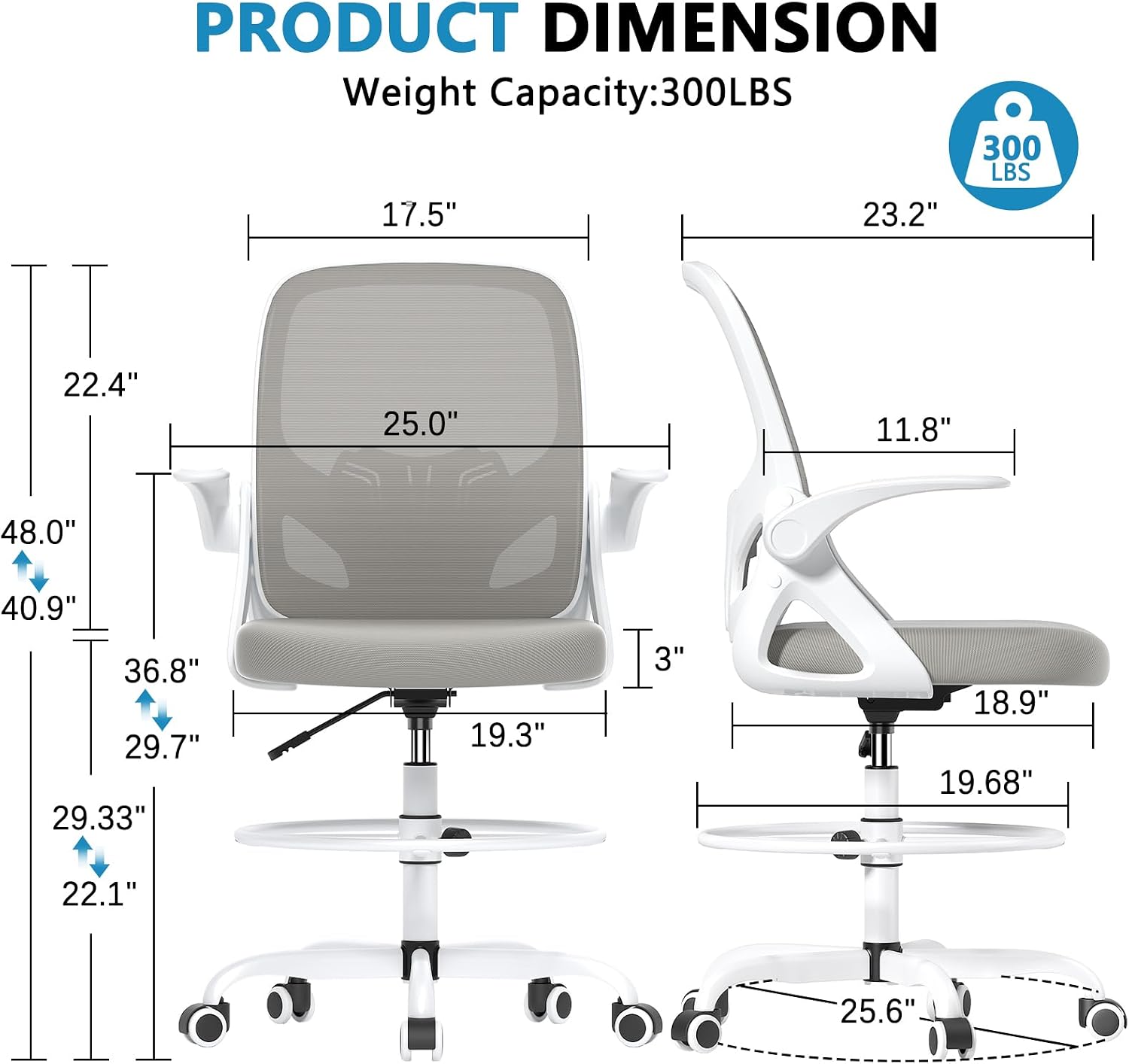 Kensaker Drafting Chair Tall Office Chair, Ergonomic Standing Desk Chair with Adjustable Foot Ring and Flip-up Armrests, Mesh Computer Chair for Art Studio, 300 LBS, Gray