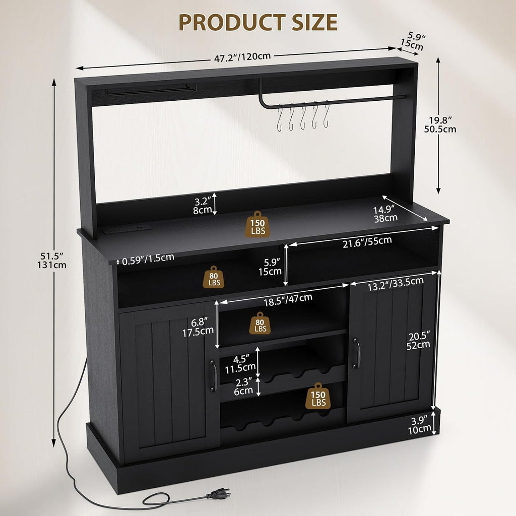 47" Farmhouse Buffet Sideboard Cabinet with Power Outlets Coffee Bar Cabinet with Storage, Large Buffet Storage Cabinet Table with Wine Racks, Goblet Holder, Hooks for Kitchen, Dining Room, Black