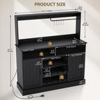 47" Farmhouse Buffet Sideboard Cabinet with Power Outlets Coffee Bar Cabinet with Storage, Large Buffet Storage Cabinet Table with Wine Racks, Goblet Holder, Hooks for Kitchen, Dining Room, Black