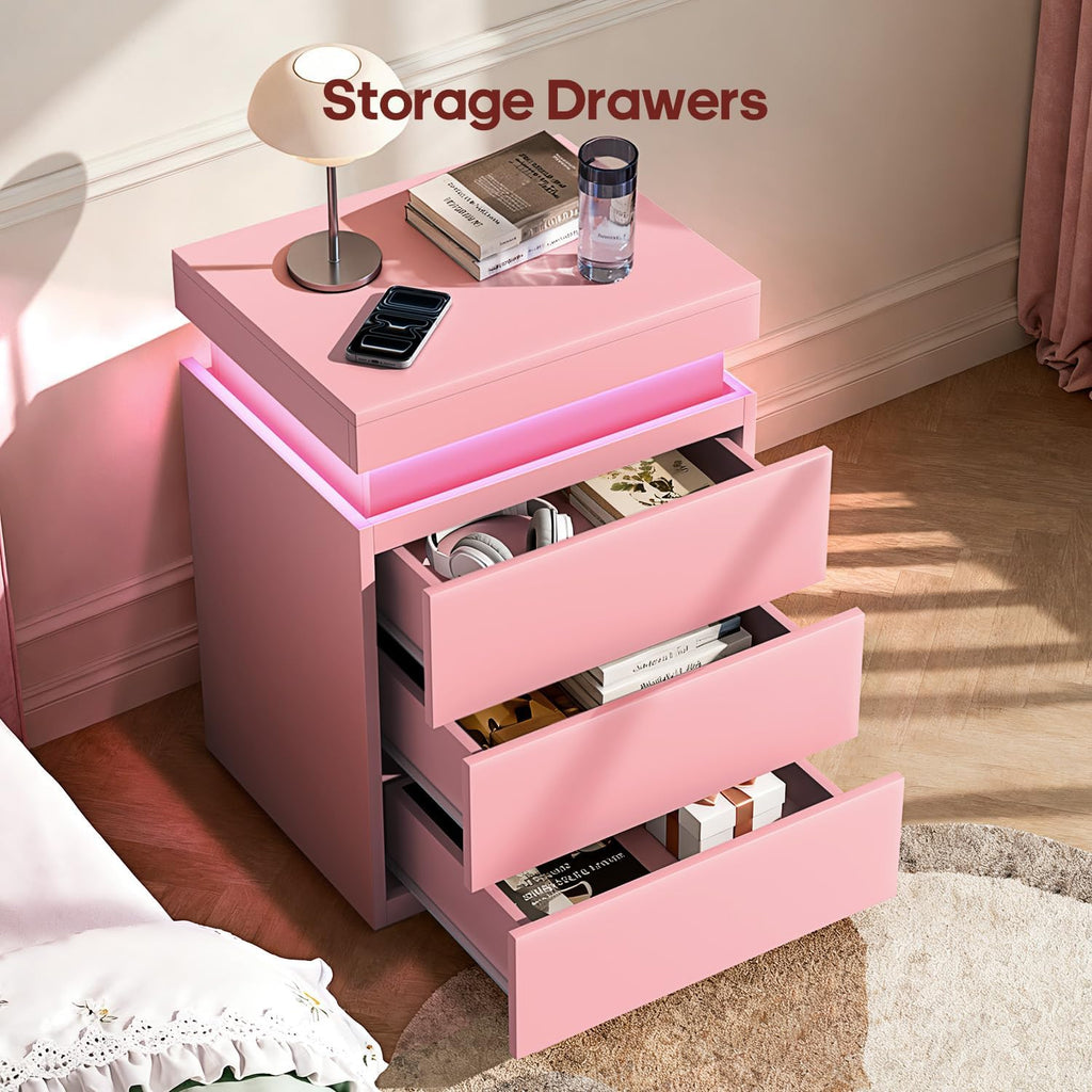 ADORNEVE Pink Nightstand with Charging Station and LED Lights | Night Stand with Sliding Top,Bedside Table with Drawers,Modern End Side Table for Bedroom