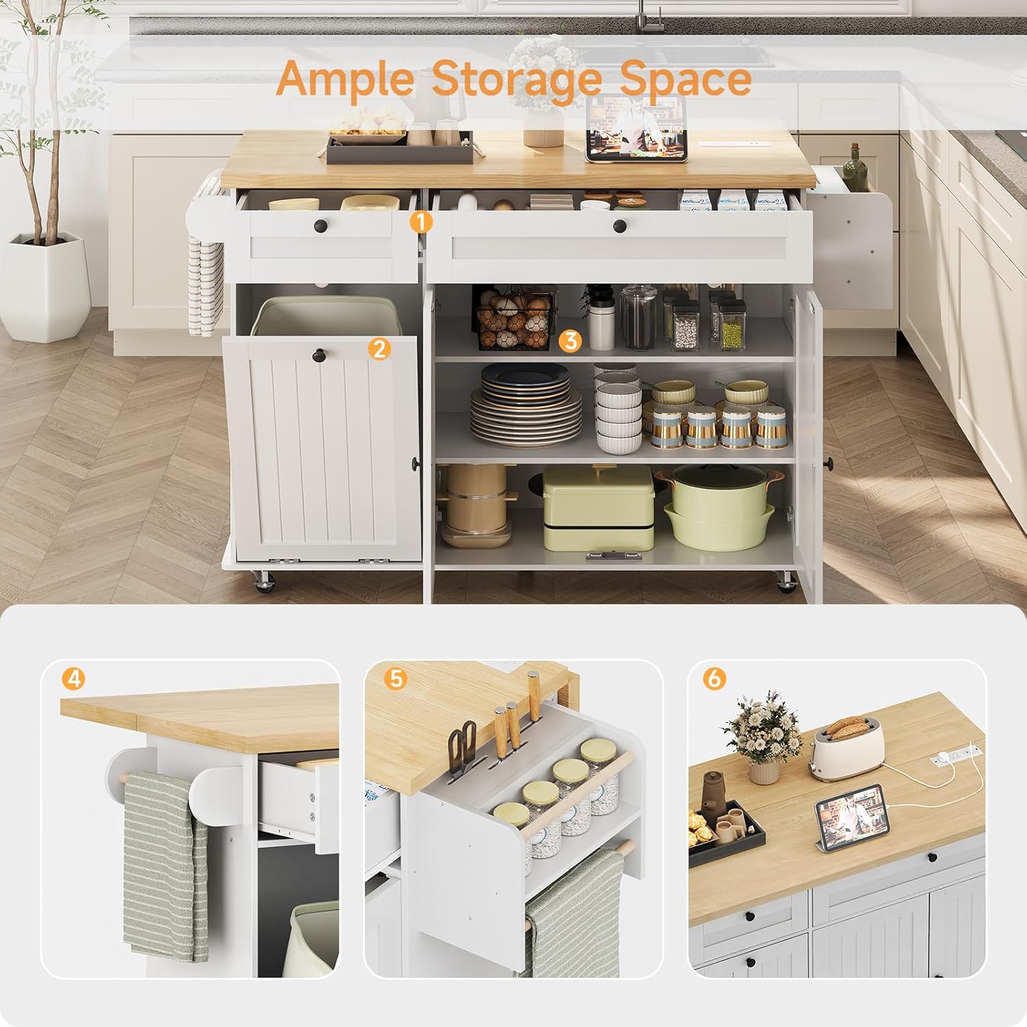 ComfyCorner 60" Rolling Large Kitchen Island on Wheels with Extendable Table, Drop Leaf & Power Outlet, Mobile Kitchen Cart with Storage Cabinet, 2 Drawers, Spice Rack, Towel & Knife Holder, White