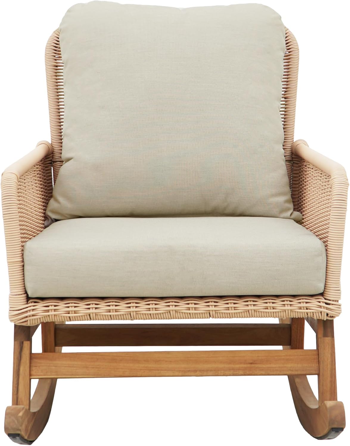Christopher Knight Home Nadine Patio Rocking Chair, Wicker Rocker, Wood Leg Rocking Chair, PE Rattan Wicker Chair, Rocking Chair with Cushions, Comfort Wicker Rocker for Backyard Balcony Porch, Beige