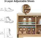 39.4" Shoe Storage Bench with Seating Cushion, Fluted 2-Tier Entryway Bench with 3 Doors & Adjustable Shelves, Shoe Cabinet Bench for Entryway, Hallway, Bedroom and Living Room (Natural)