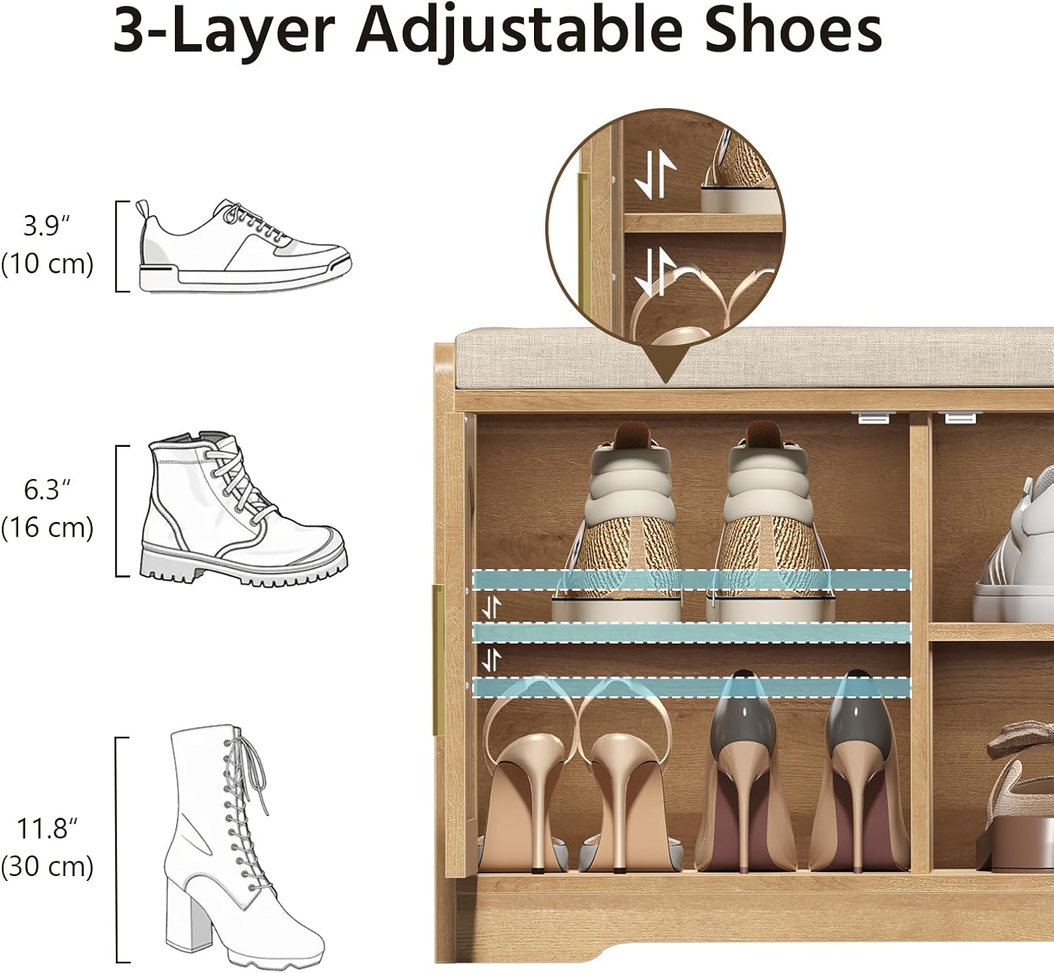 39.4" Shoe Storage Bench with Seating Cushion, Fluted 2-Tier Entryway Bench with 3 Doors & Adjustable Shelves, Shoe Cabinet Bench for Entryway, Hallway, Bedroom and Living Room (Natural)