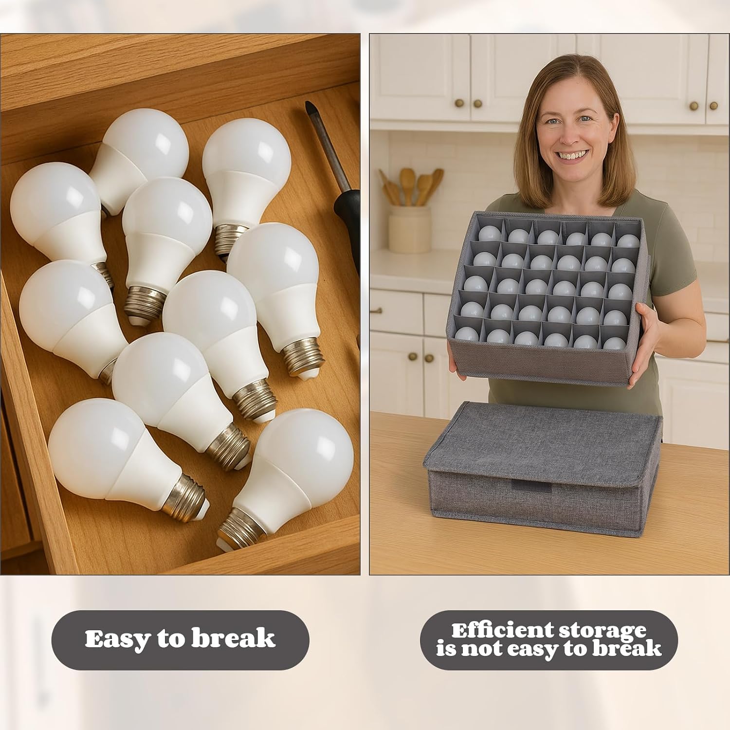 1 Pcs Light Bulb Organizer Storage Box Ornament Storage with 30 Dividers Foldable Bulbs Organizer with Lid Sturdy PP Board Fits Various Standard Dustproof Fabric Case for Home Vbs (Grey)