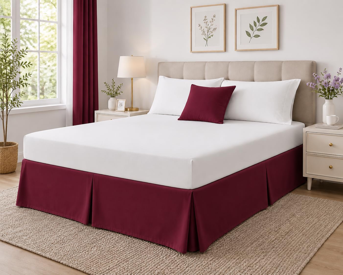 Box Pleated Bed Skirt – 100% Egyptian Cotton, 11 Inch Drop Bed Frame Cover Easy to Put On Hotel Class Luxurious Bedding (Wine, Queen, 11 Inch Drop)