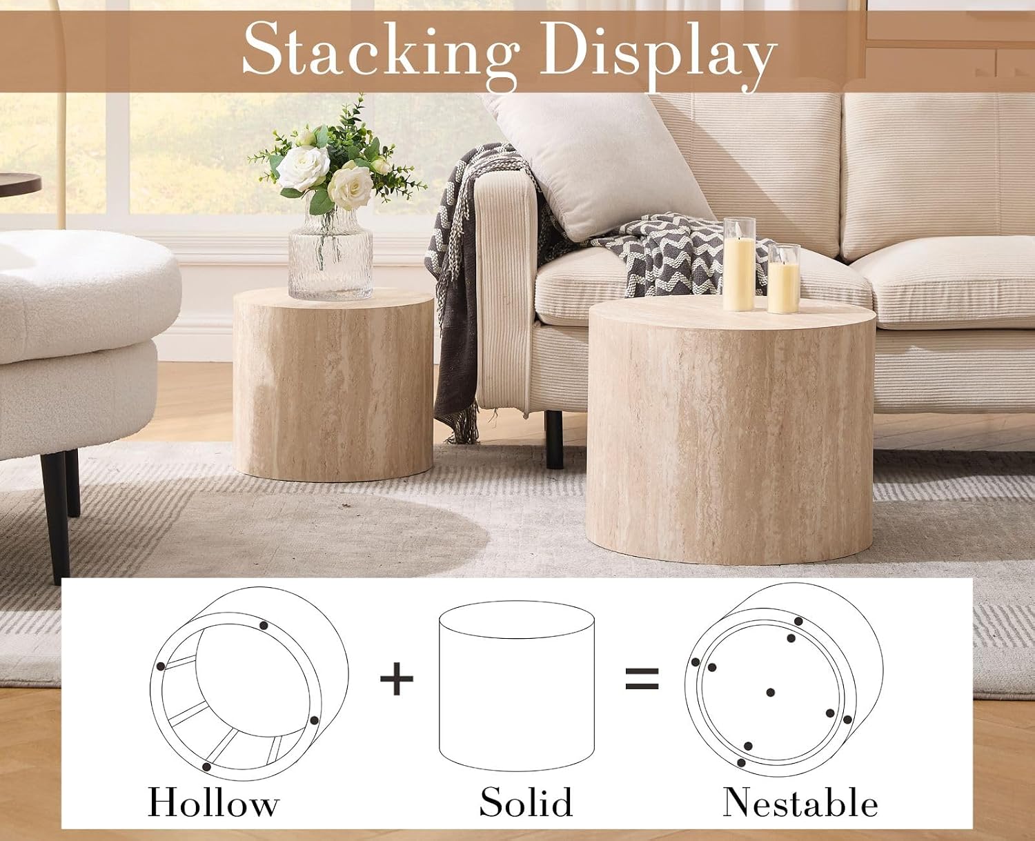 CIMOTA Round Wood Nesting Coffee Table Set of 2, Modern Circle Travertine End Side Table Sets for Living Room, Light Wooden Color/No Assembling