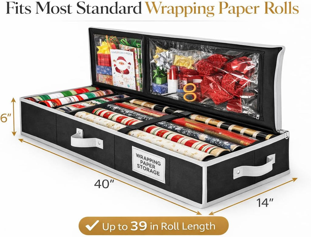 Wrapping Paper Storage Organizer – Under-Bed Gift Wrap & Ribbon Organizer Container (Fits up to 24 Rolls, 40″ × 14″ × 6″) Durable Fabric with Accessory Pockets & Adjustable Dividers