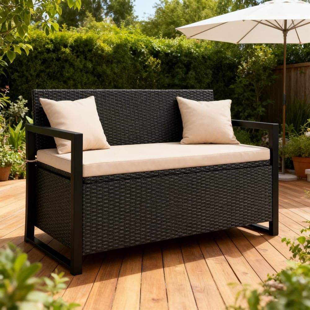 Gecheer Outdoor Wicker Storage Bench with Cushion – 43.5-inch 2-Seat Loveseat, 40-Gallon Under-Seat Compartment, Rustic Mix Brown PE Rattan, 800-lb Capacity, for Patio, Deck, Porch, or Poolside