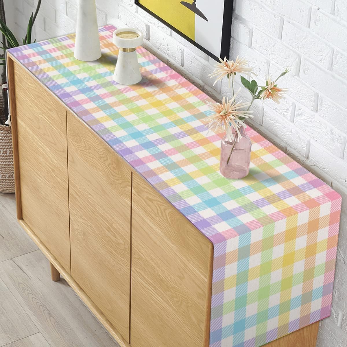Pudodo Easter Buffalo Plaid Check Table Runner Spring Holiday Farmhouse Fireplace Kitchen Dining Room Home Party Decoration (13" x 90")