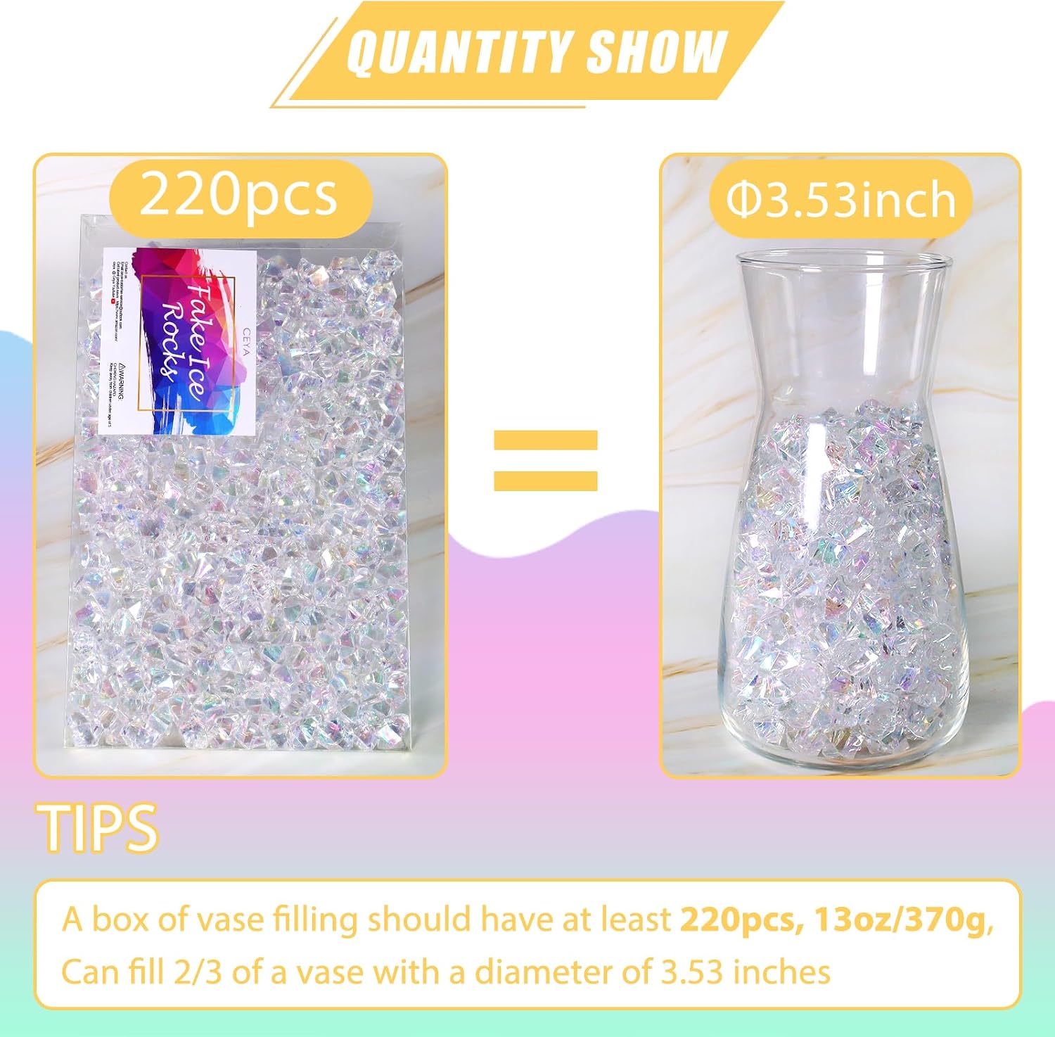 Ceya Clear Holographic Fake Ice Rocks，220PCS Dazzling Vase Fillers Acrylic Fake Diamond Crystals Water Beads Marbles 13OZ Glass Gems for Centerpieces Table Decoration Party Christmas Wedding Birthday
