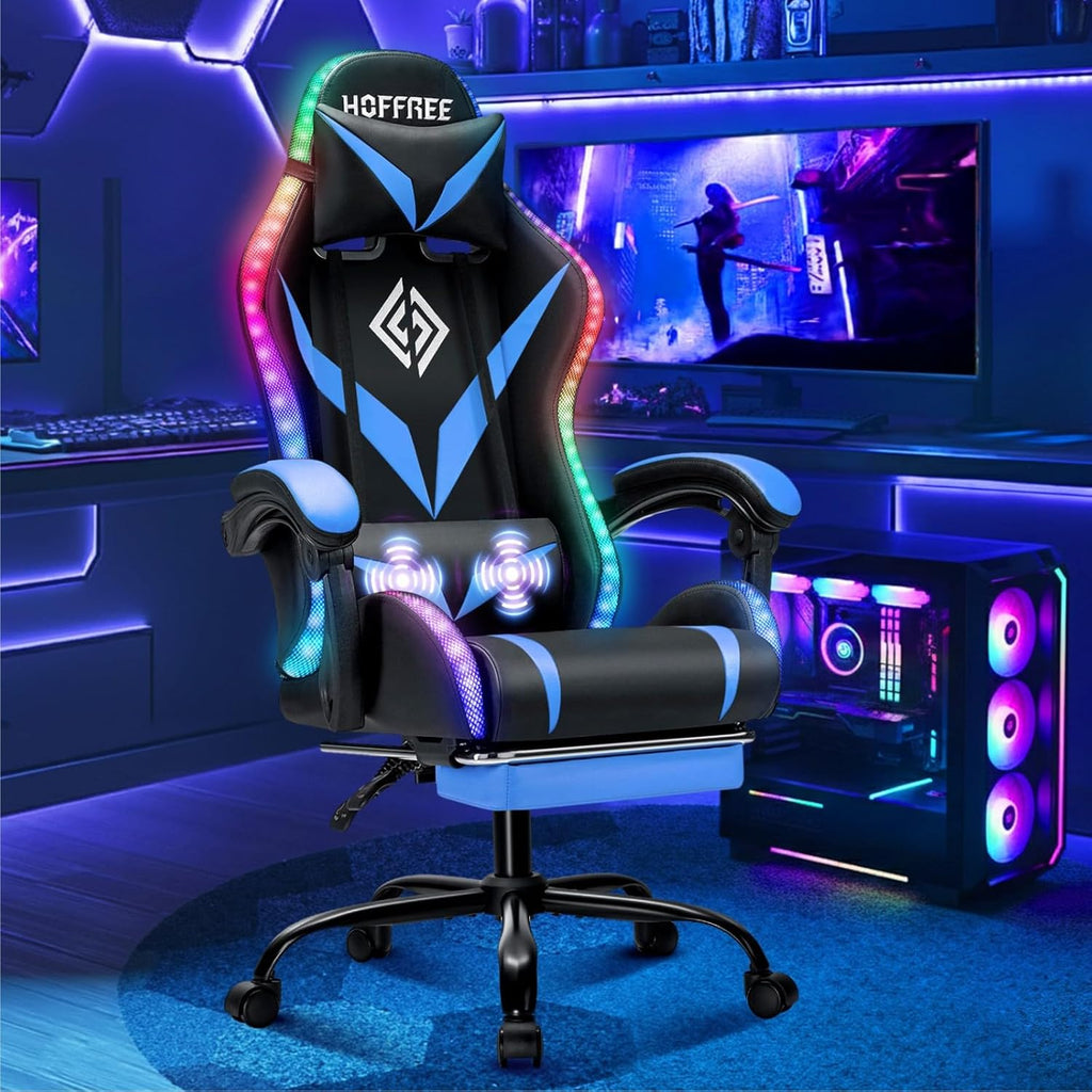 RGB Gaming Chair with LED Lights Massage Ergonomic Game Chairs for Adults High Back Reclining Computer Chair with Footrest Video Game Chair Lumbar Support Racing Style Gamer Chair Blue and Black
