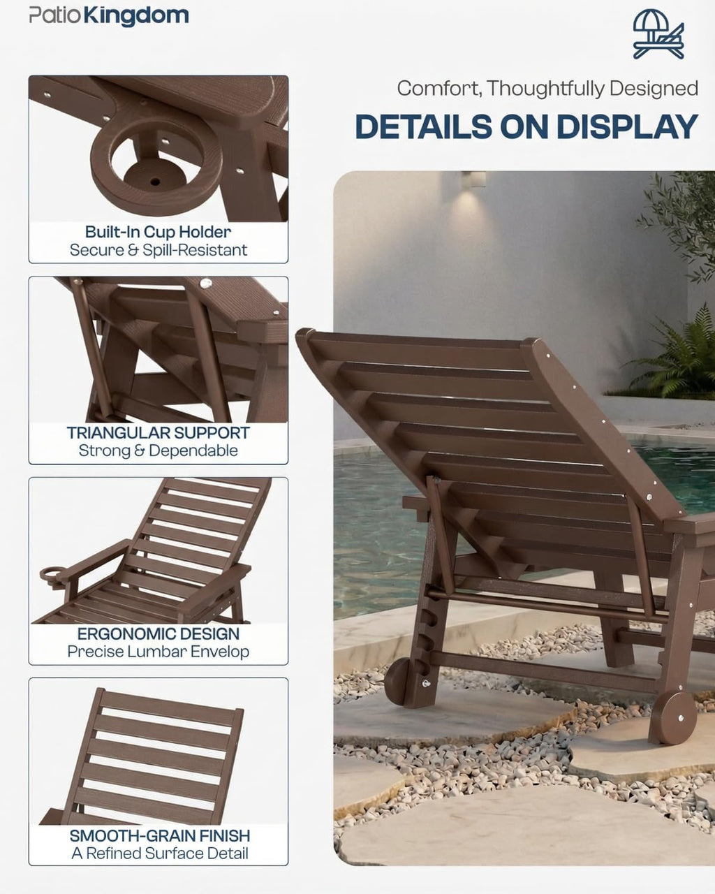 5-Position Adjustable Lounge Chair Outdoor Set of 2, HDPE Outdoor Chaise Lounge with Cup Holder & Wheels, Pool Lounge Chairs for Poolside, Beach, Deck, Brown