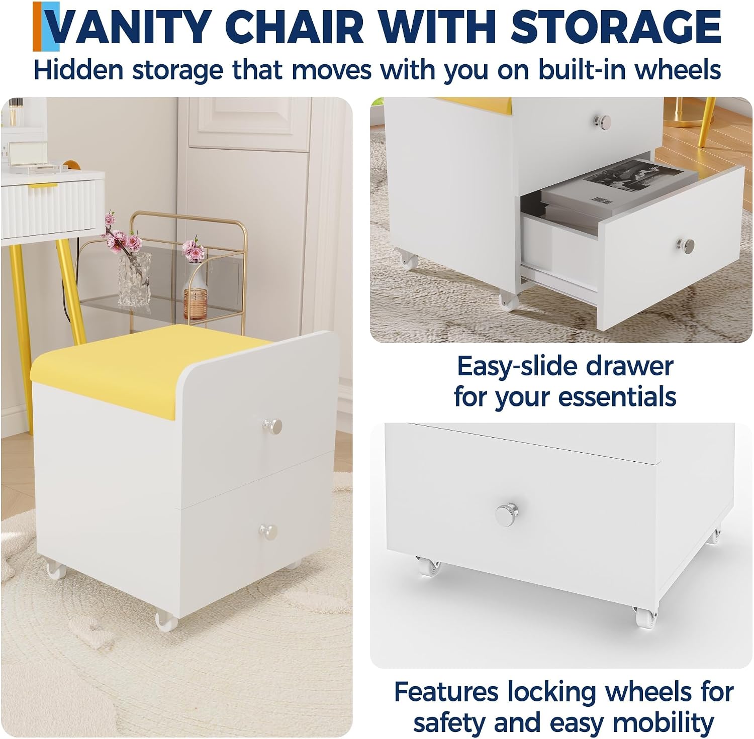 Garvee Vanity Stool Chair with Storage, 17.32" l x 15.16" w x 17.32" h PU Ottoman with Lockable Wheels & Storage Drawer, Modern Multifunctional Chairs for Makeup