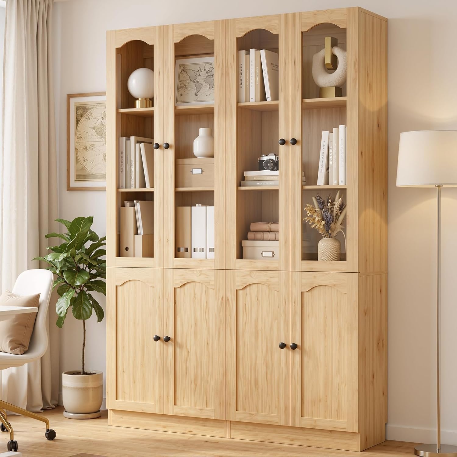 Cyclysio 80" Tall Pantry Cabinet with 8 Doors, Natural Oak Kitchen Pantry Storage Cabinet with Built-in Baseboard Notch & Adjustable Shelves – Kitchen Storage Cabinet for Dining, Living Room, Office