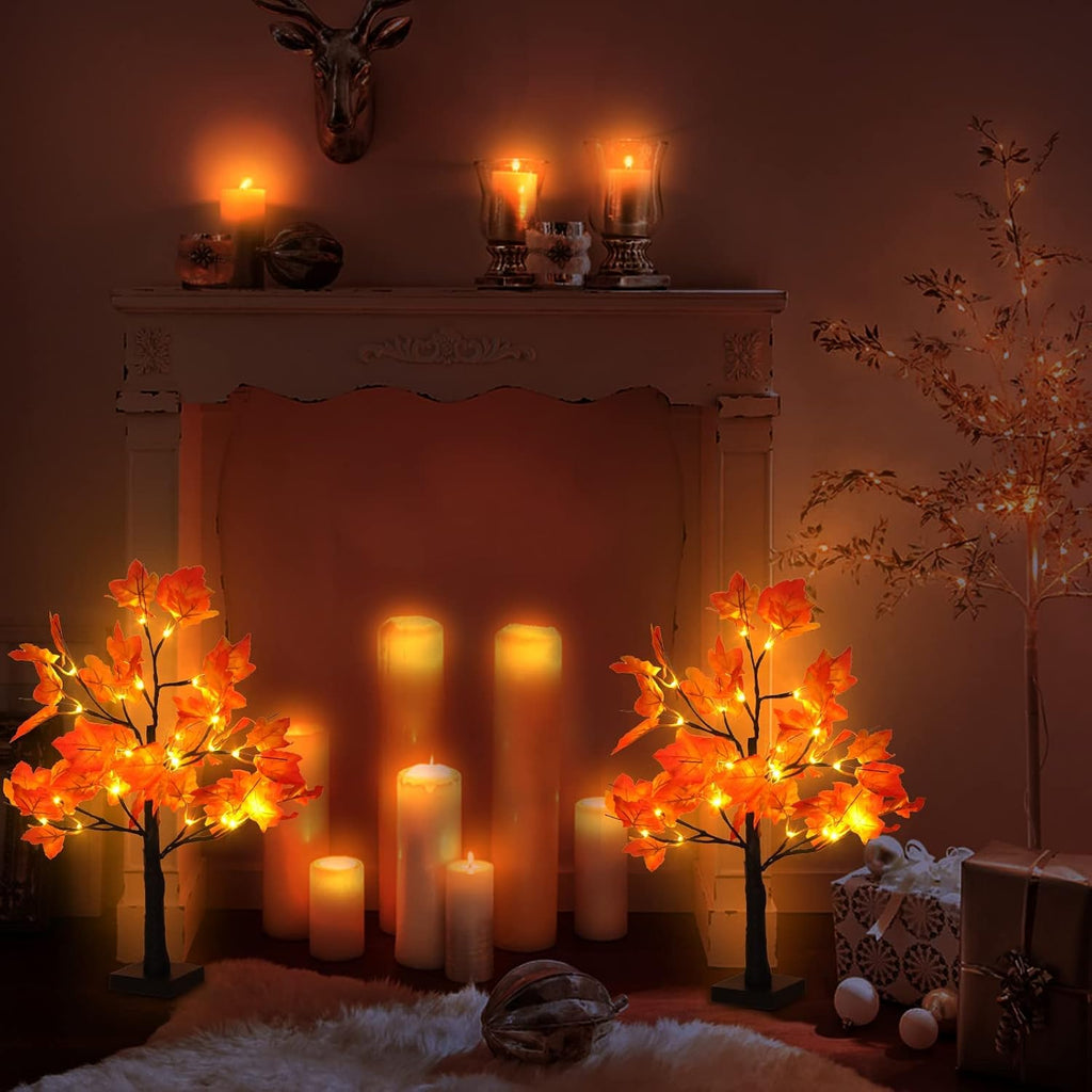 4Pcs Fall Lighted Maple Tree Decor 2FT96LED USB&Battery Operated Artificial Autumn Light up Trees Lights for Harvest Thanksgiving Decorations Tree Lights Table Light House Party Indoor Room Home Deco