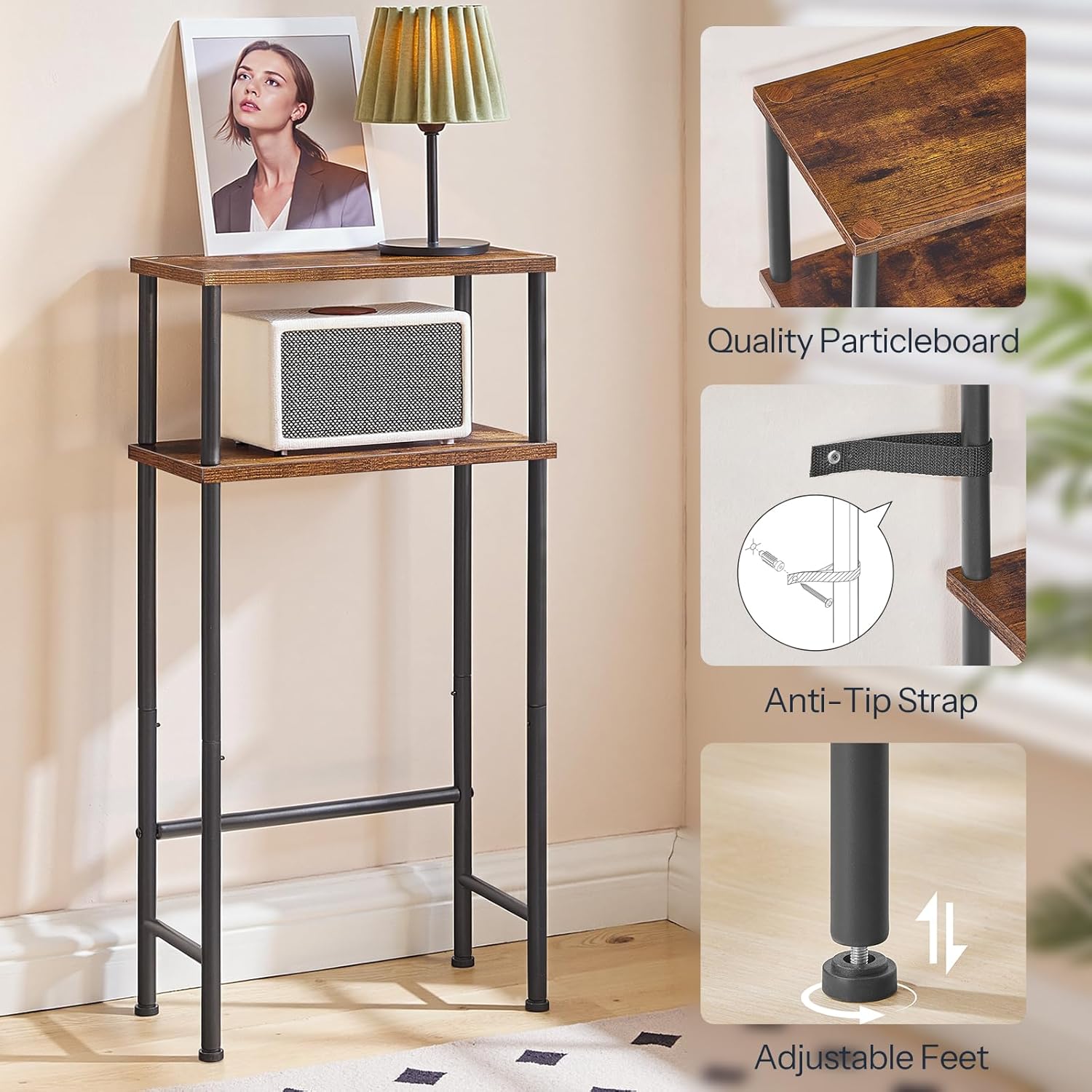 HOOBRO Narrow Console Table for Small Space, 15.7" Entryway Table with Storage, Sofa Table with 2 Shelves, Skinny Console Table for Entryway, Hallway, Living Room, Rustic Brown and Black BF40XG01
