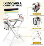 OmySalon Director's Chair 31" Height Folding Portable w/Storage Pouch & Footrest, Makeup Artist Chair for Salon, Events, Mobile, 250lb Capacity, White Wood Frame & Striped Canvas Seat